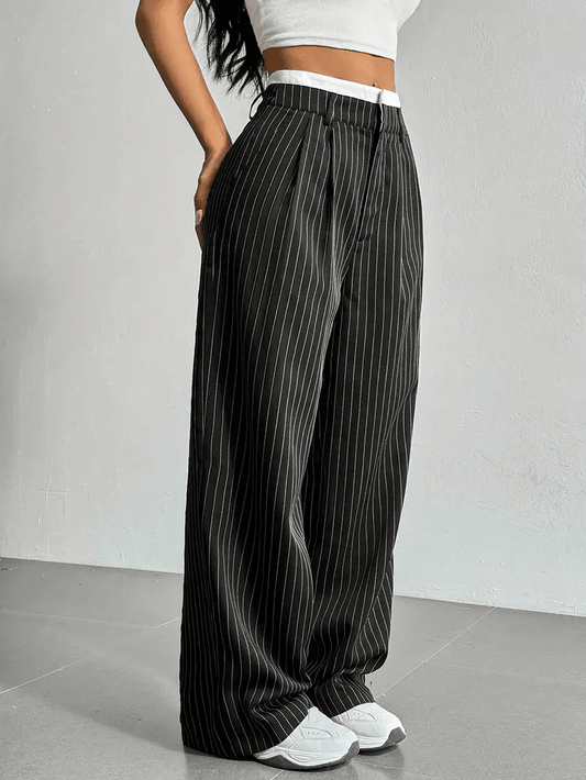 Chic Style | Women's High Waist Straight Leg Pants with Vertical Stripes | Comfortable Fit for Everyday Elegance