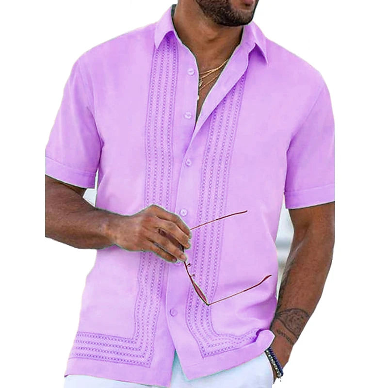 Elegant Collection | Men's Short Sleeve Button Down Shirt with Embroidered Detail | Structured Fit for Effortless Style
