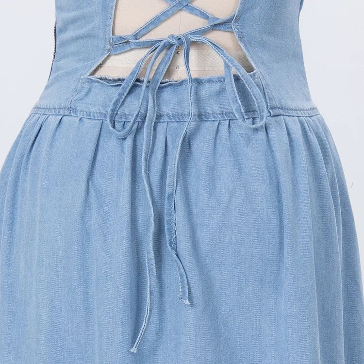 Elegant Denim Maxi Dress | Square Neck & Lace-Up Back | Flattering Long Dress for Effortless Style