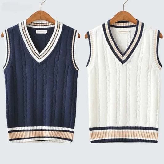 Men's Cable Knit Sweater Vest – V-Neck Striped Accent Sleeveless Knit Vest for Preppy & Layered Looks