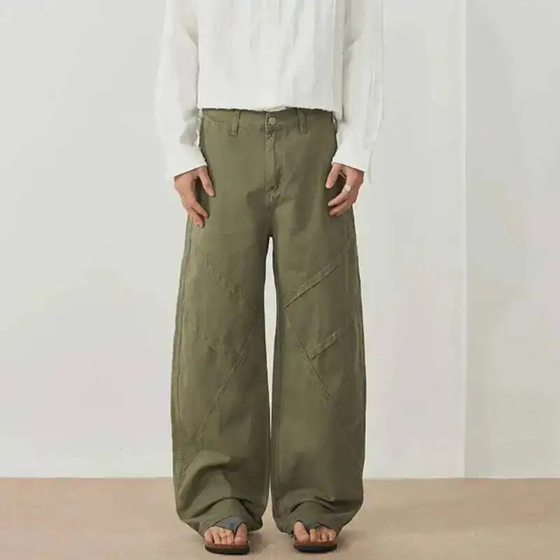 Men's Curved Cargo Pants - American Washed Loose Fit Vintage 3D Deconstructed Trousers