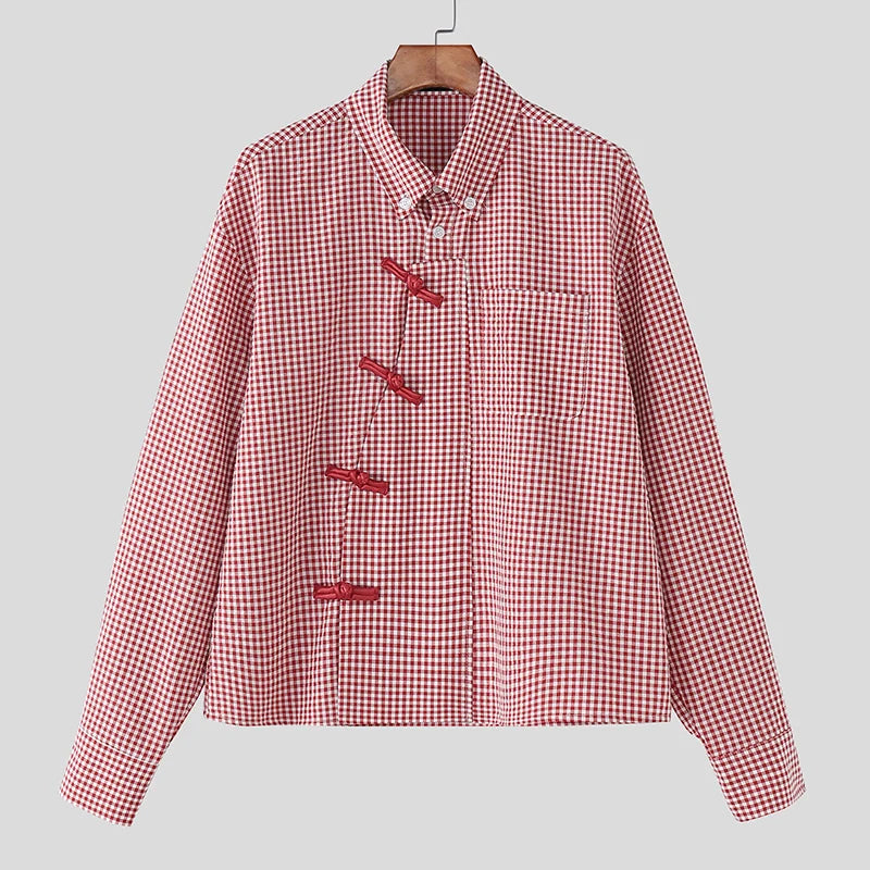 Men's Plaid Patchwork Shirt – Long Sleeve Loose Fit Lapel Streetwear Casual Top