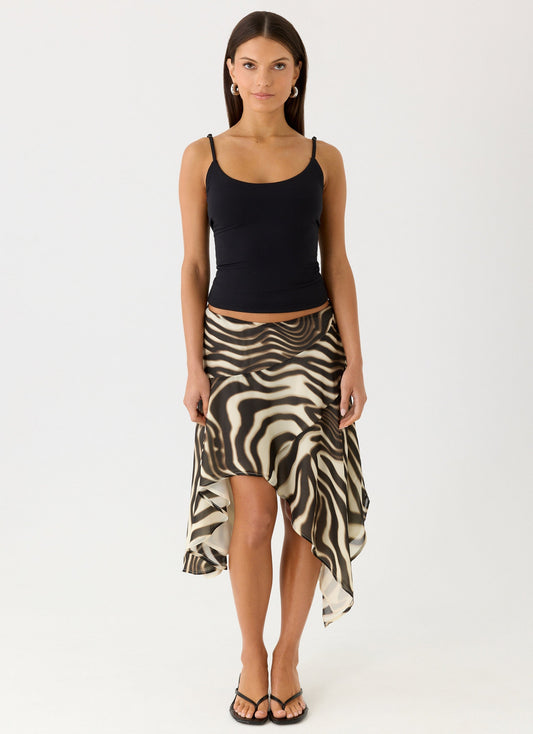Kia Collection | Low Rise Asymmetrical Midi Skirt with Dramatic Hemline | Chic Style for Effortless Elegance