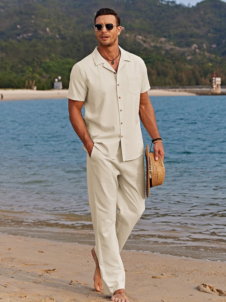 Linen Essentials | Men's Short Sleeve Button-Up Shirt & Pants Set for Comfort and Style