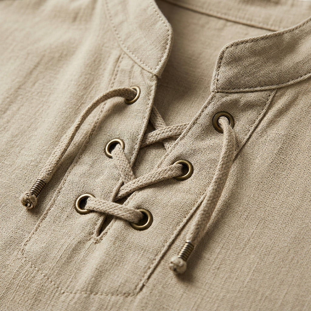Men's Linen Pullover Shirt – Lace-Up Band Collar Roll-Up Sleeve Relaxed Fit Summer Shirt