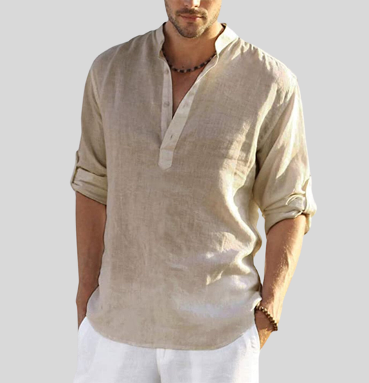 Men's Shirt | Classic Henley Long Sleeve with Roll-Up Sleeves | Versatile Style for Any Occasion