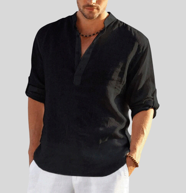 Men's Shirt | Classic Henley Long Sleeve with Roll-Up Sleeves | Versatile Style for Any Occasion