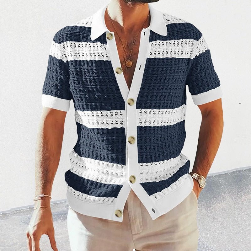 Men's Knit Shirt – Short Sleeve Button-Front Relaxed Fit Summer Shirt with Contrast Trim