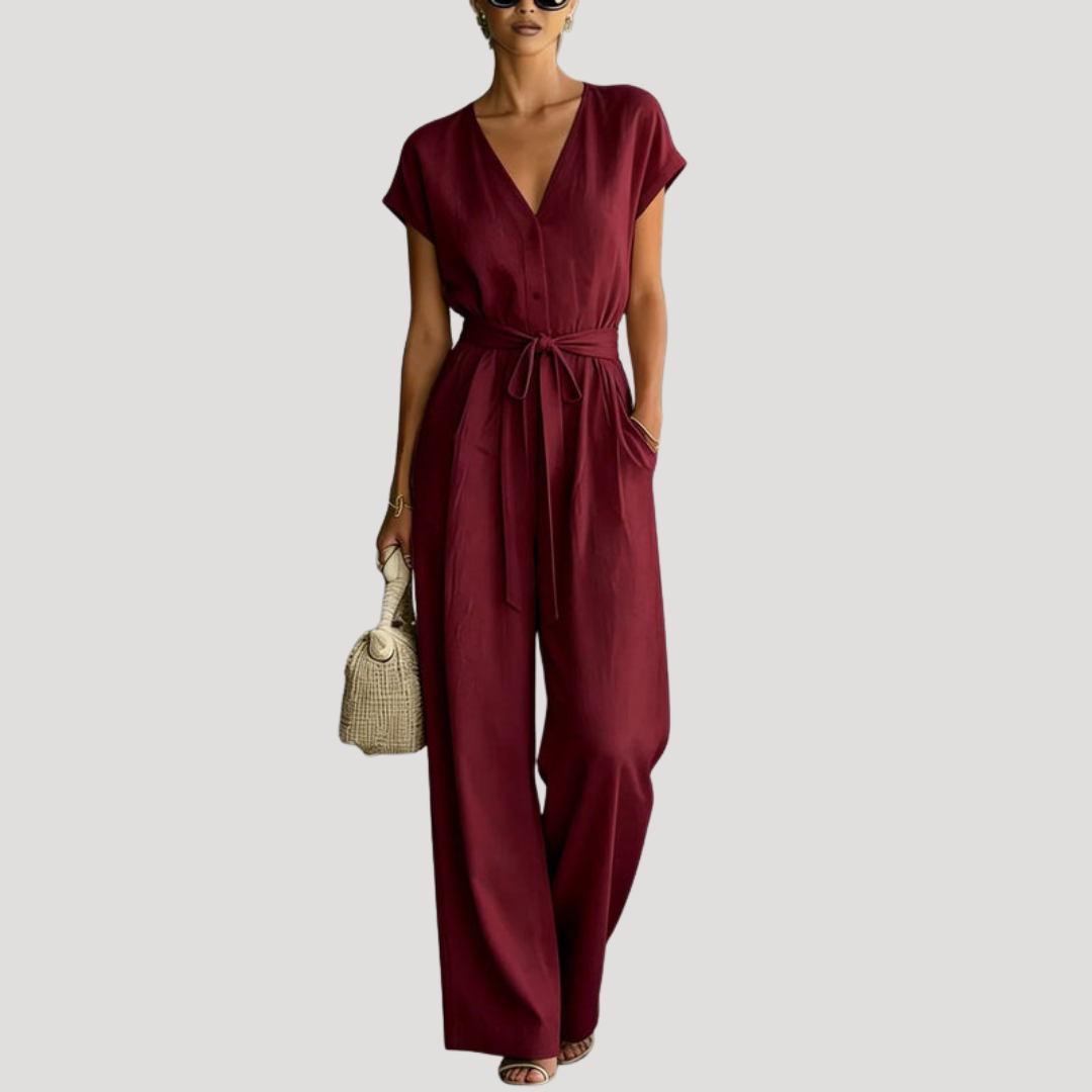 Women's V Neck Wide Leg Tie Waist Jumpsuit | Genevieve