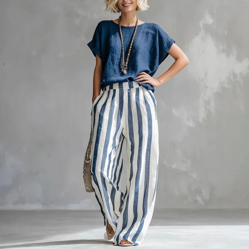 Vanessa Collection | Women's Loungewear Two Piece Set with Striped Design | Breathable Cotton-Linen Blend for Relaxed Comfort