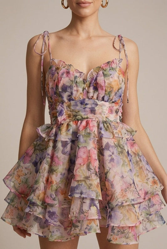 Vibrant Floral Print Mini Dress with Tiered Ruffled Skirt for Effortless Summer Style