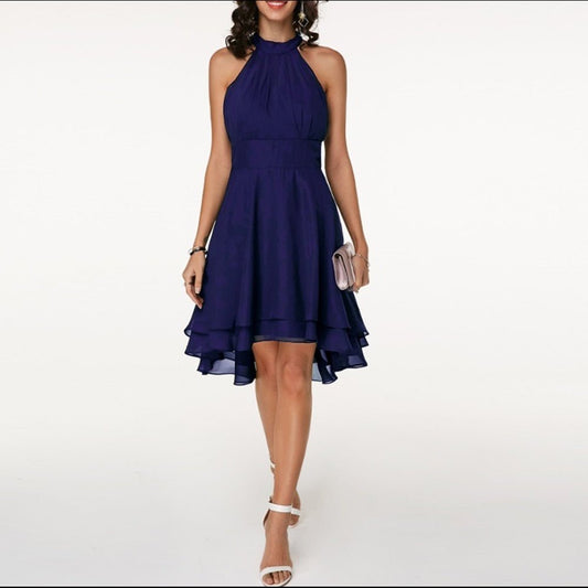 Women's Halter Neck Ruffle Midi Dress – Layered Skirt Evening Party