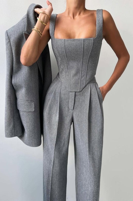 Women's 3-Piece Blazer Corset Top Wide-Leg Trouser Suit Set