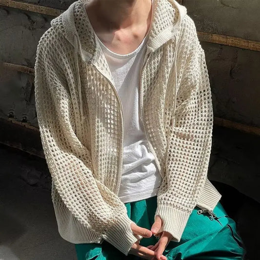 Men's Long Sleeve Open Cardigan Sweater Loose Fit American Vintage Knit Outerwear
