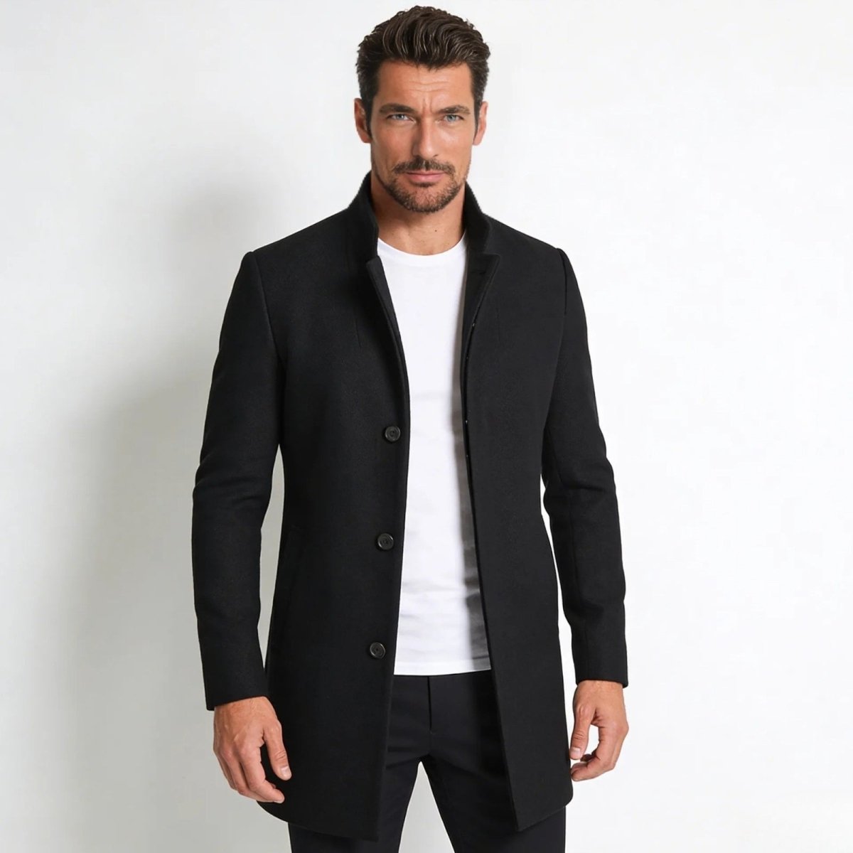 Piere™ Men's Stand Collar Wool-Blend Overcoat — Slim Fit