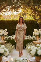 Auralia Floral V-Neck Midi Dress | Pleated Summer Wedding & Garden Party Dress