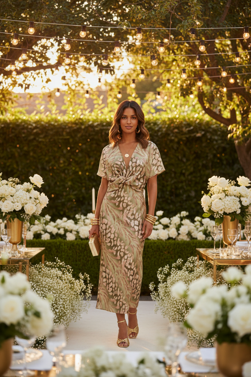 Auralia Floral V-Neck Midi Dress | Pleated Summer Wedding & Garden Party Dress