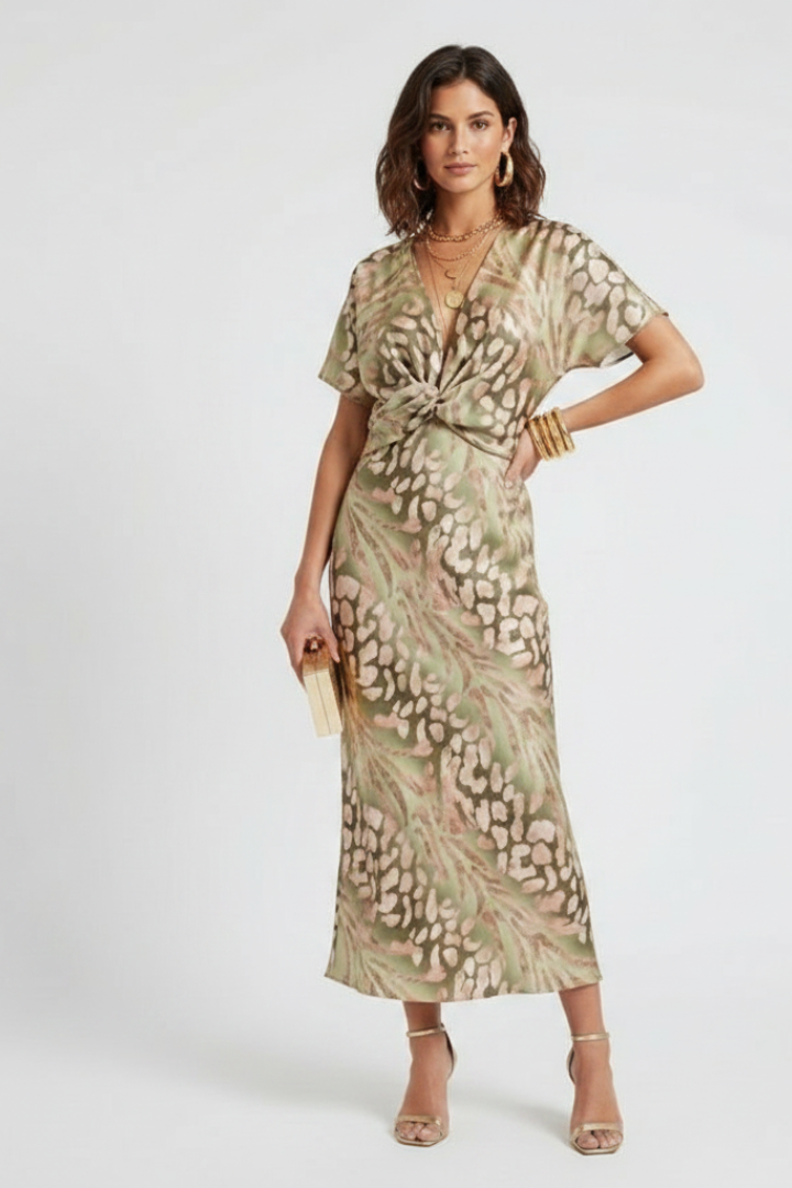 Auralia Floral V-Neck Midi Dress | Pleated Summer Wedding & Garden Party Dress