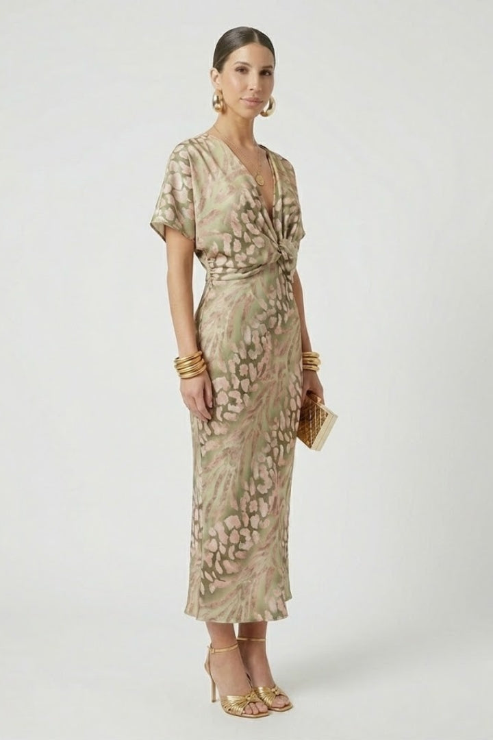 Auralia Floral V-Neck Midi Dress | Pleated Summer Wedding & Garden Party Dress