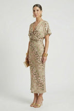 Auralia Floral V-Neck Midi Dress | Pleated Summer Wedding & Garden Party Dress