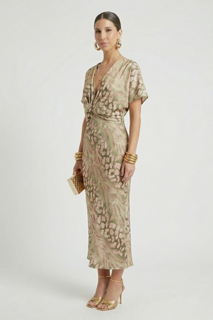 Auralia Floral V-Neck Midi Dress | Pleated Summer Wedding & Garden Party Dress