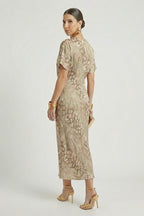 Auralia Floral V-Neck Midi Dress | Pleated Summer Wedding & Garden Party Dress