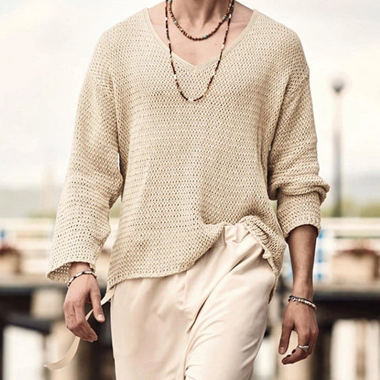 Men's Long Sleeve V-Neck T-Shirt Soft Knit Lightweight Casual Wear Premium Comfy Top