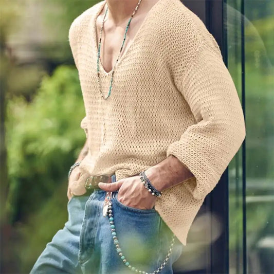 Men's Long Sleeve V-Neck T-Shirt Soft Knit Lightweight Casual Wear Premium Comfy Top