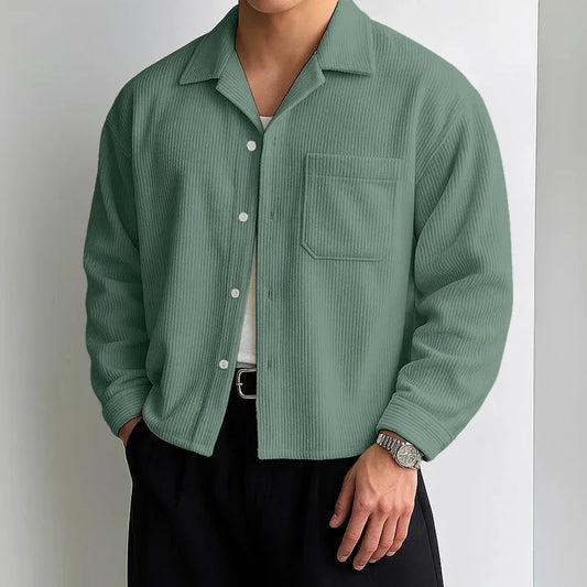 Men's Long Sleeve Cropped Corduroy Shirt Jacket - Loose Fit Solid Color Vintage Casual Top
