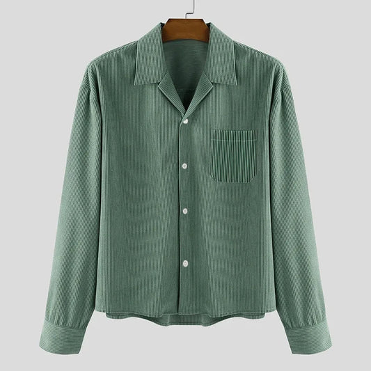 Men's Long Sleeve Cropped Corduroy Shirt Jacket - Loose Fit Solid Color Vintage Casual Top