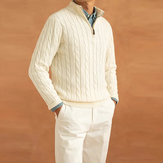 Men's Long Sleeve Half-Zip Knitted Sweater Solid Color Textured Vintage Pullover Knitwear