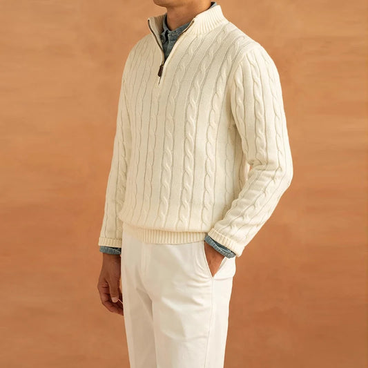 Men's Long Sleeve Half-Zip Knitted Sweater Solid Color Textured Vintage Pullover Knitwear