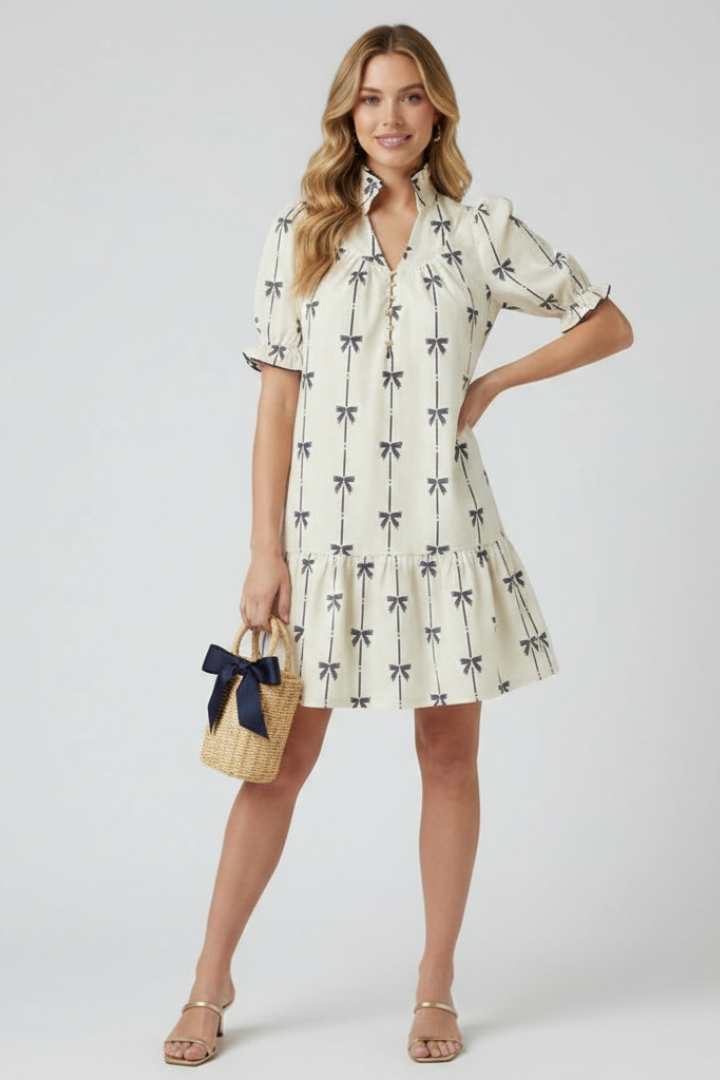 Aveline Bow Print Mini Dress | Puff Sleeve A-Line Summer Dress with Tiered Hem