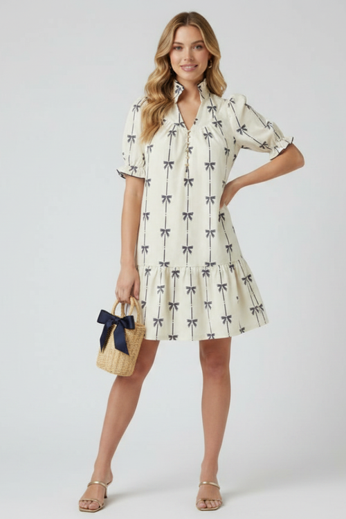 Aveline Bow Print Mini Dress | Puff Sleeve A-Line Summer Dress with Tiered Hem