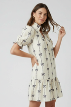 Aveline Bow Print Mini Dress | Puff Sleeve A-Line Summer Dress with Tiered Hem