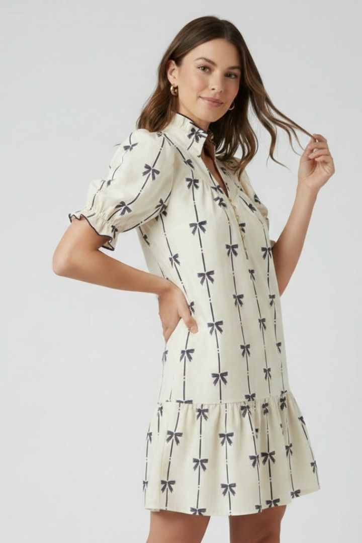 Aveline Bow Print Mini Dress | Puff Sleeve A-Line Summer Dress with Tiered Hem