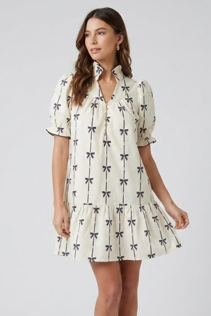 Aveline Bow Print Mini Dress | Puff Sleeve A-Line Summer Dress with Tiered Hem