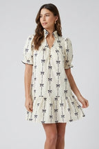 Aveline Bow Print Mini Dress | Puff Sleeve A-Line Summer Dress with Tiered Hem