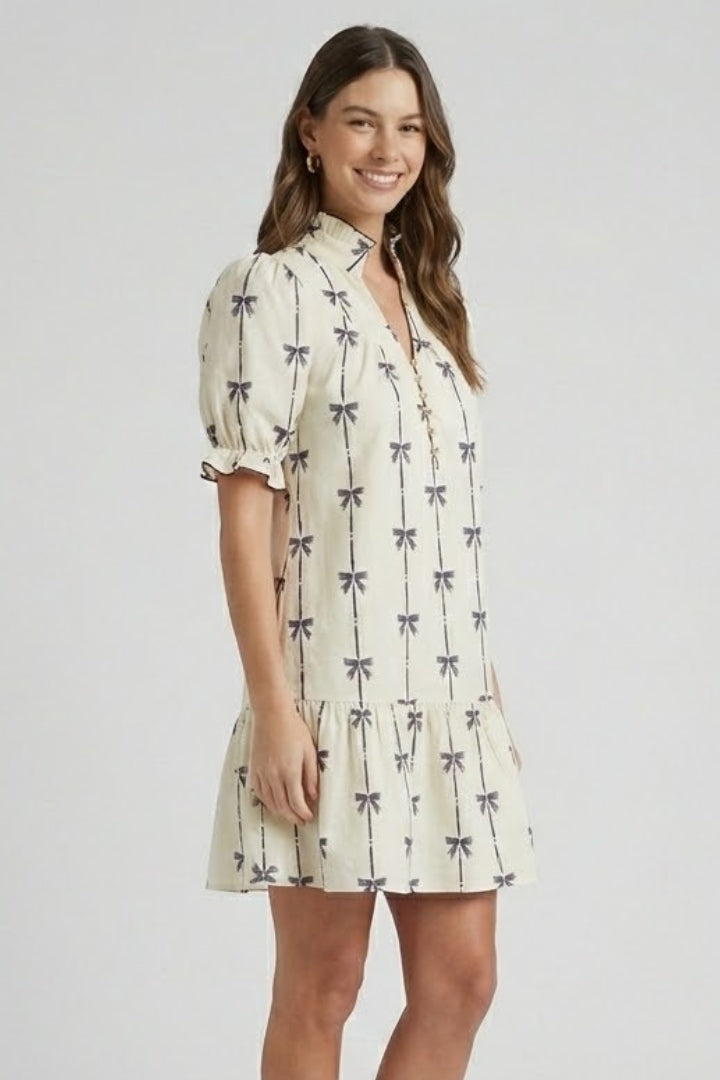 Aveline Bow Print Mini Dress | Puff Sleeve A-Line Summer Dress with Tiered Hem