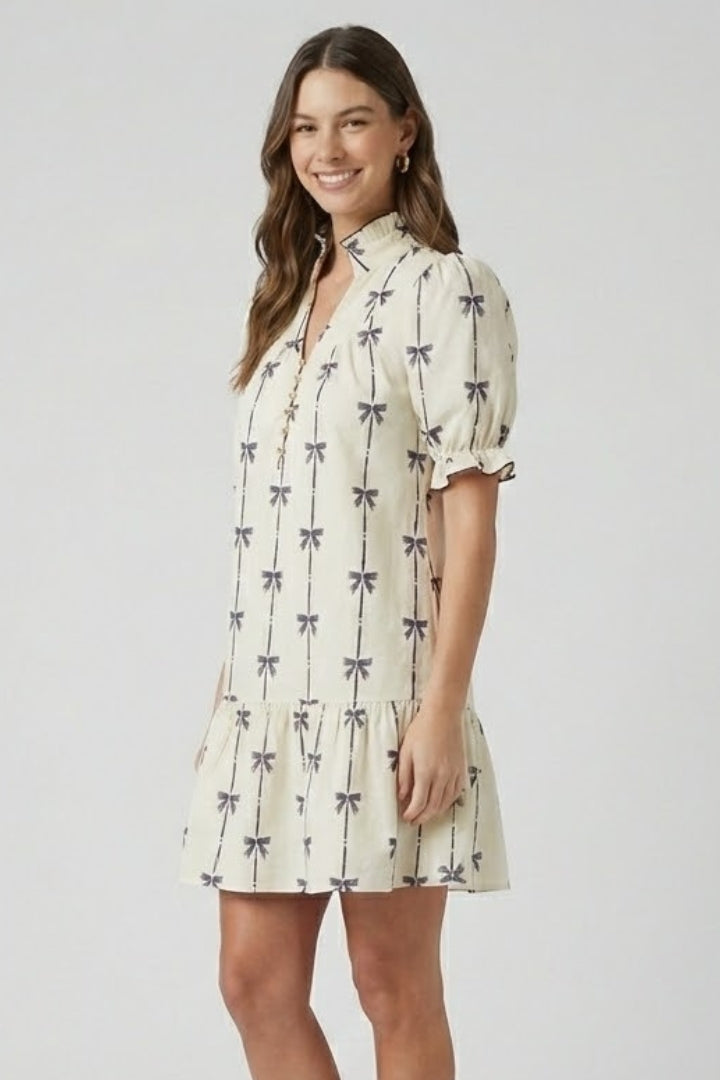 Aveline Bow Print Mini Dress | Puff Sleeve A-Line Summer Dress with Tiered Hem