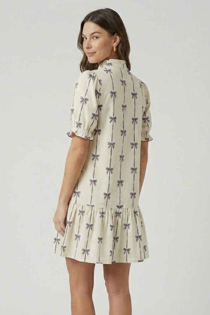 Aveline Bow Print Mini Dress | Puff Sleeve A-Line Summer Dress with Tiered Hem