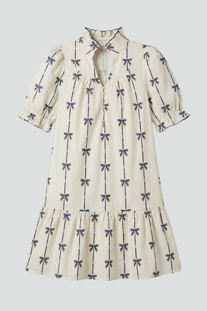 Aveline Bow Print Mini Dress | Puff Sleeve A-Line Summer Dress with Tiered Hem