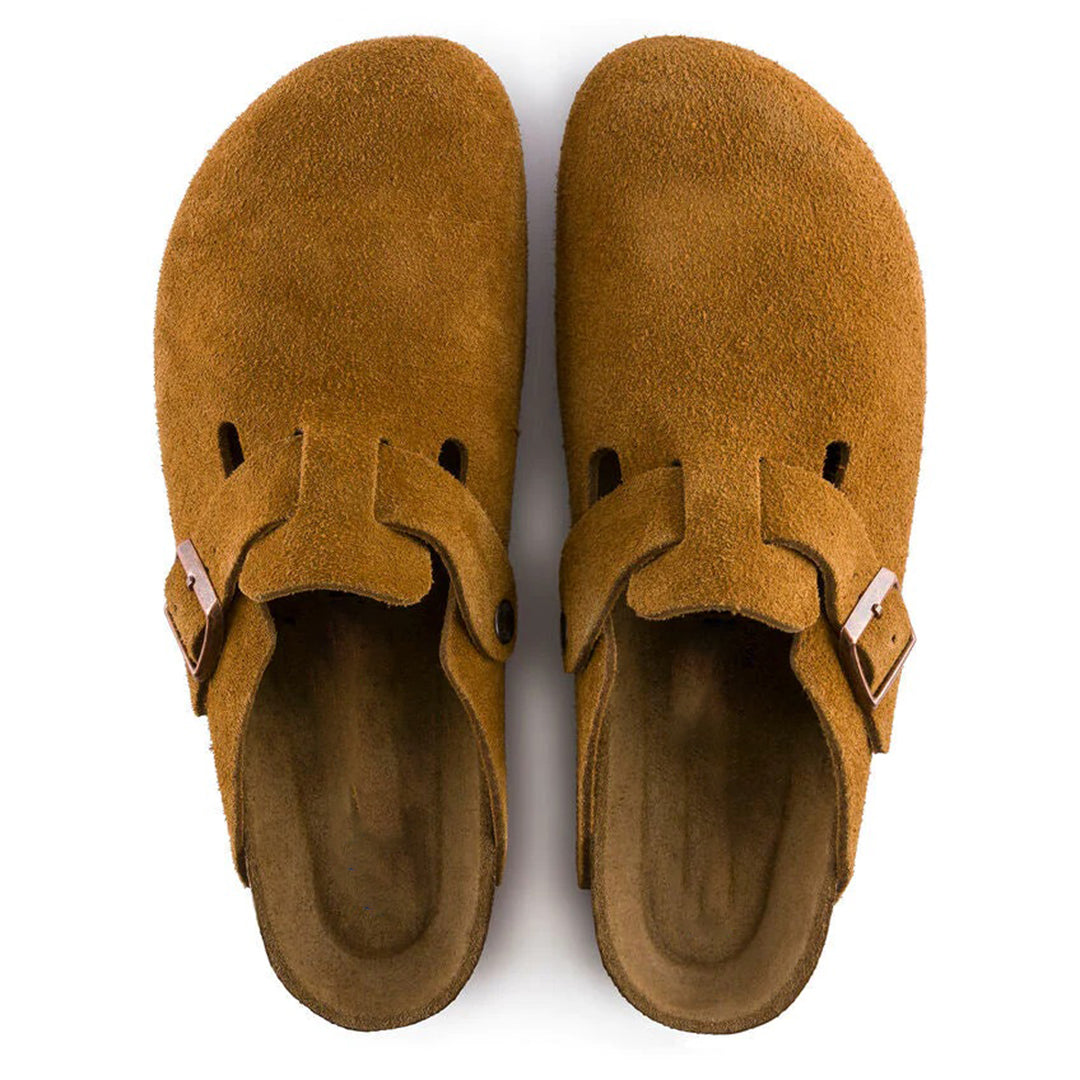Men's Suede Leather Clogs – Cork Footbed Slip-On Sandals with Arch Support & Adjustable Strap
