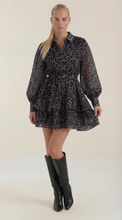 Chic Collection | Women's Leopard Print Mini Dress with Tie Waist | Lightweight Fabric for Effortless Style