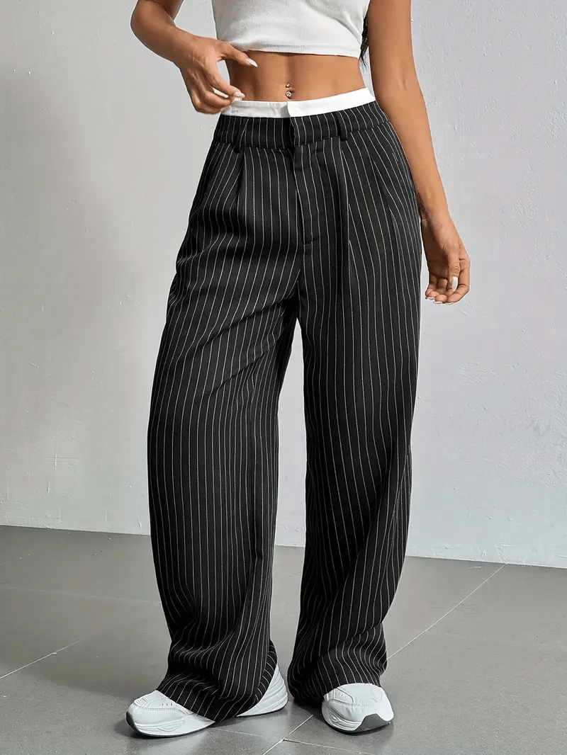 Chic Style | Women's High Waist Straight Leg Pants with Vertical Stripes | Comfortable Fit for Everyday Elegance