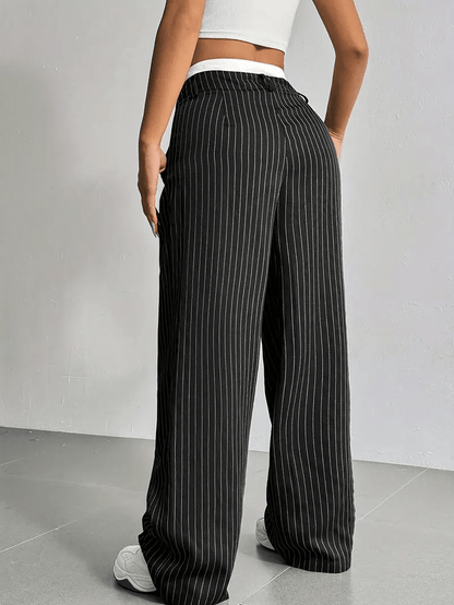 Chic Style | Women's High Waist Straight Leg Pants with Vertical Stripes | Comfortable Fit for Everyday Elegance