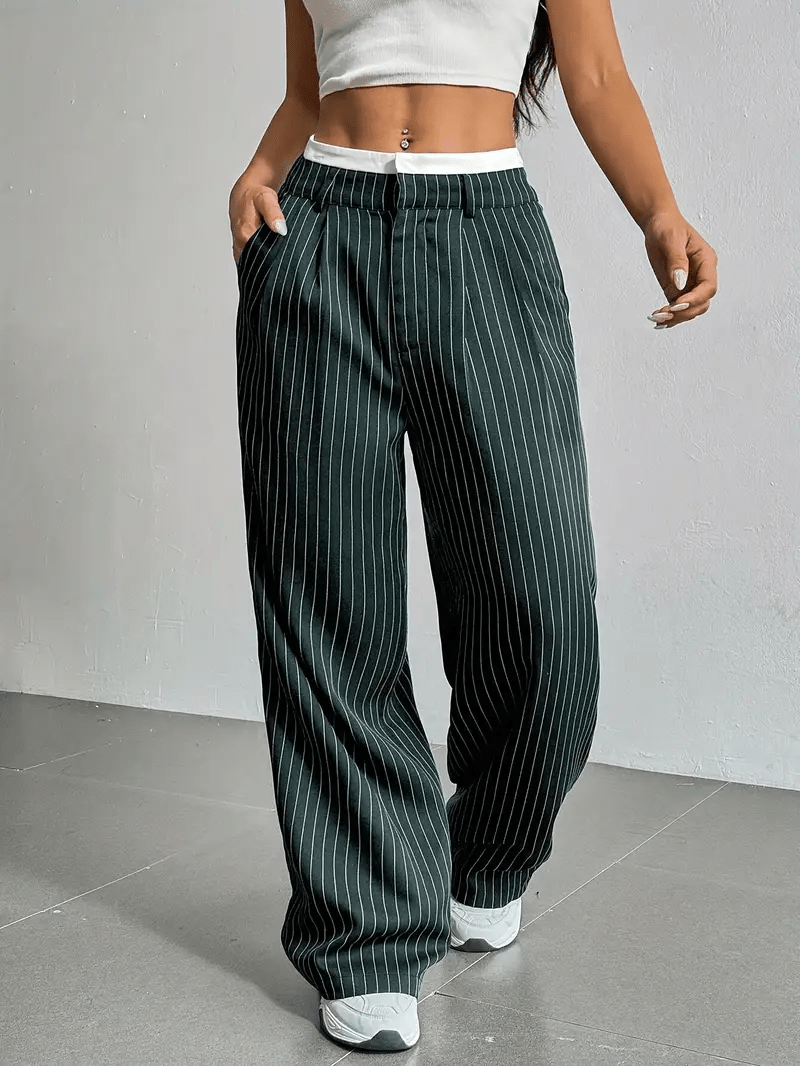 Chic Style | Women's High Waist Straight Leg Pants with Vertical Stripes | Comfortable Fit for Everyday Elegance