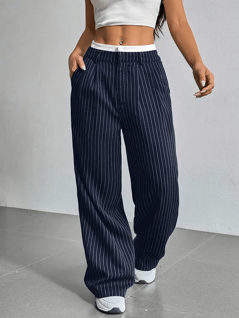 Chic Style | Women's High Waist Straight Leg Pants with Vertical Stripes | Comfortable Fit for Everyday Elegance