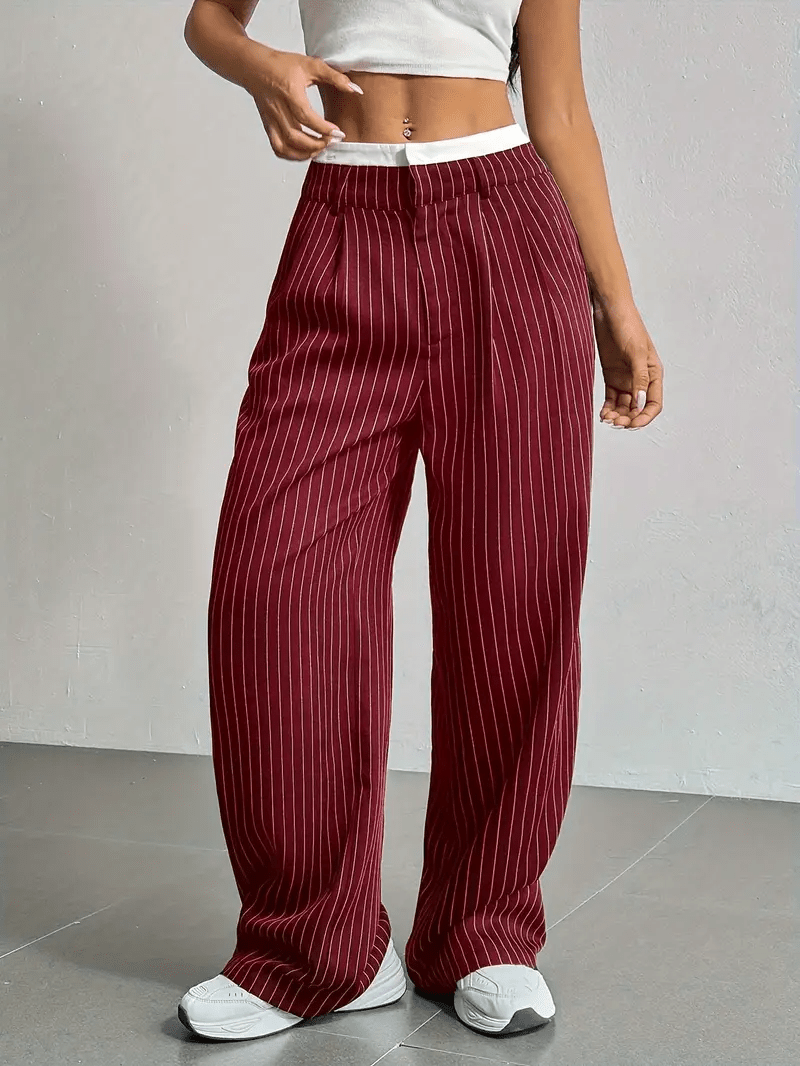 Chic Style | Women's High Waist Straight Leg Pants with Vertical Stripes | Comfortable Fit for Everyday Elegance