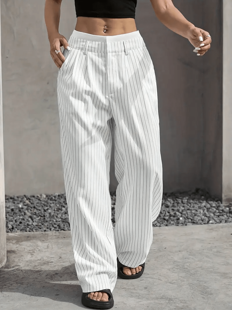 Chic Style | Women's High Waist Straight Leg Pants with Vertical Stripes | Comfortable Fit for Everyday Elegance